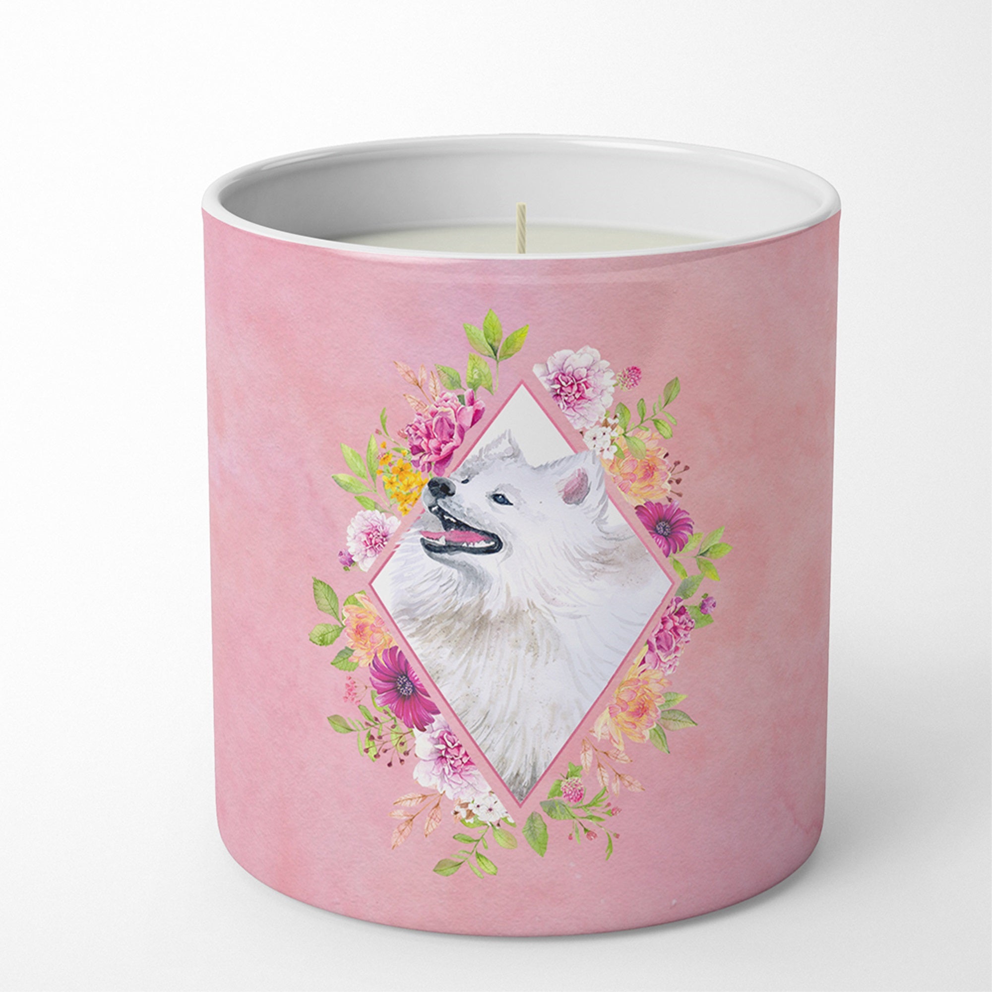 Samoyed Pink Flowers 10 Oz Decorative Soy Candle